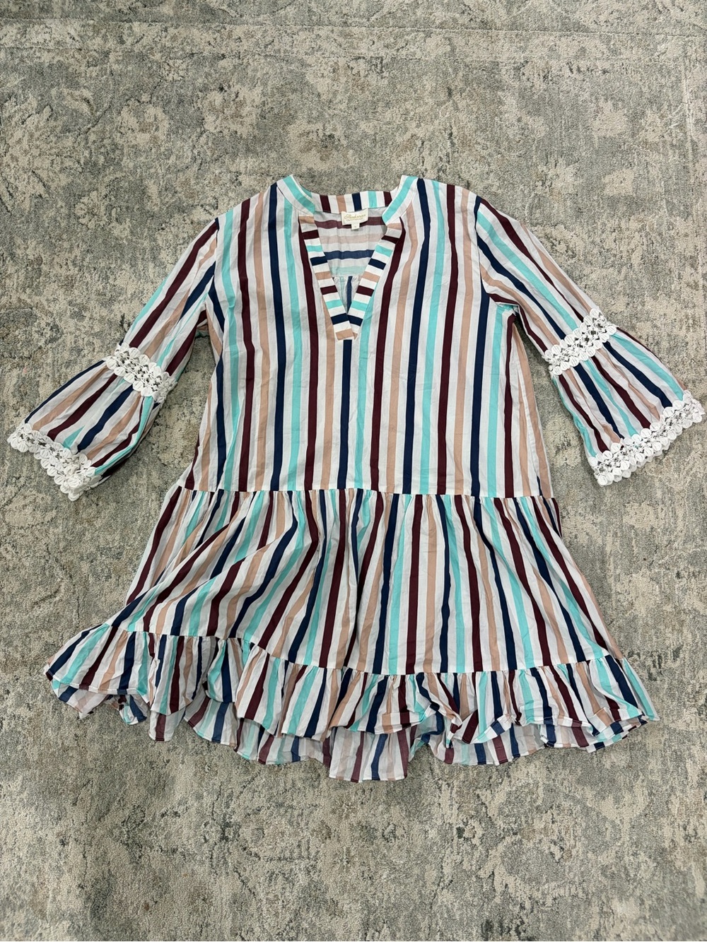 Shoshanna Striped Mini Dress in Teal, Navy, Brown & Cream